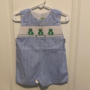 Blue & White Striped Baby Romper with Frog Smocking